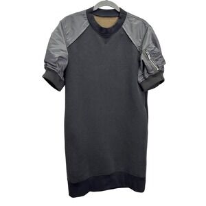 Sacai Mixed Media Utility Puff Sleeve Sweatshirt Dress Charcoal Grey